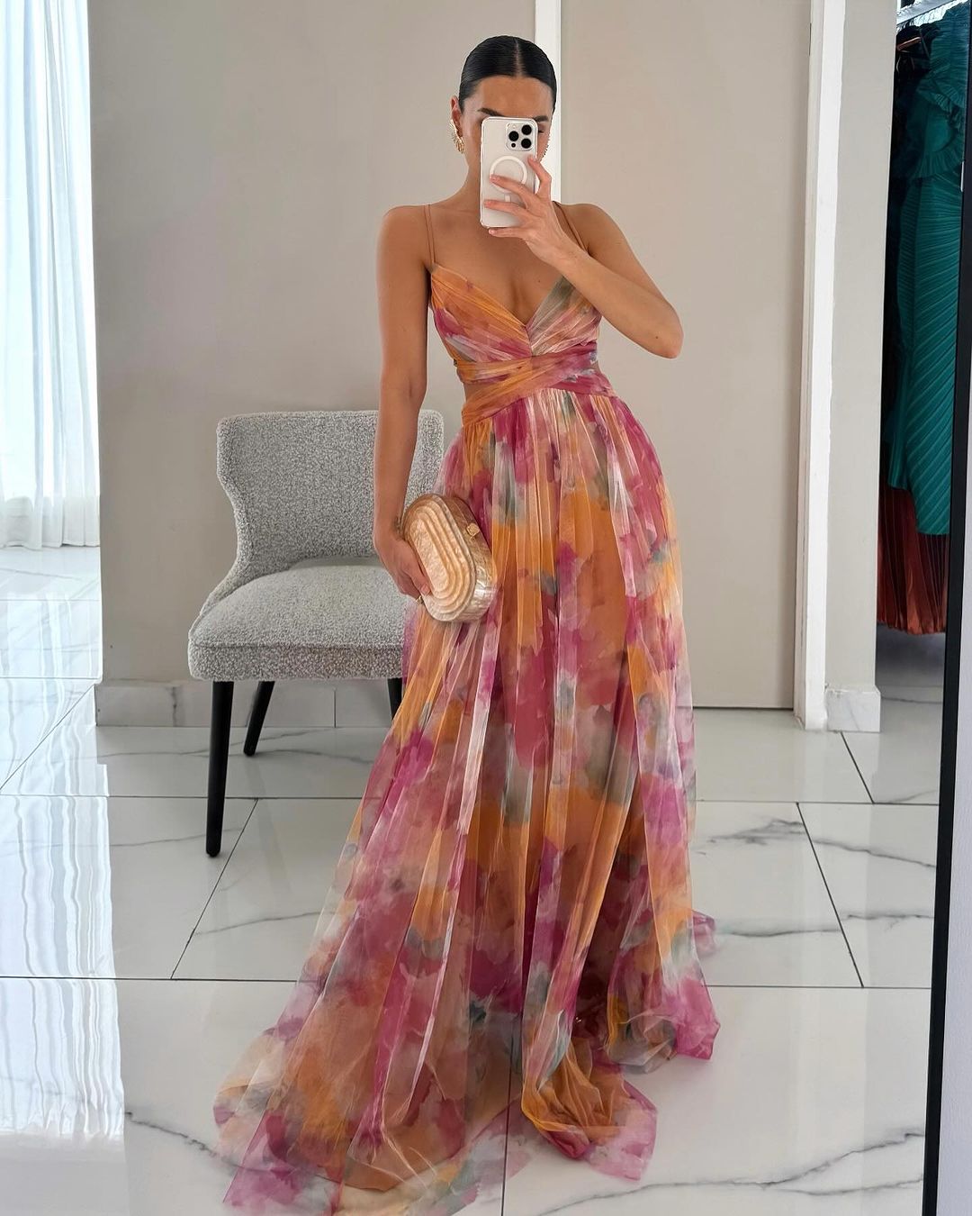 Damen Florales Fließendes Maxikleid – Ärmelloses Elegantes Hochzeitsgast Kleid