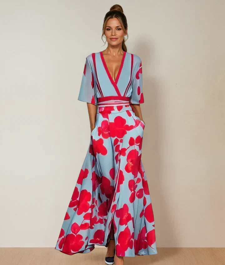 Damen Seiden V Ausschnitt Blumen Wickelkleid