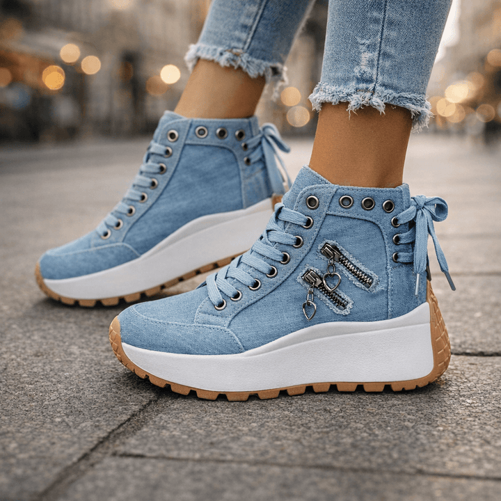 Damen Chunky Denim Sneaker Mit Schnürung Im Street Style