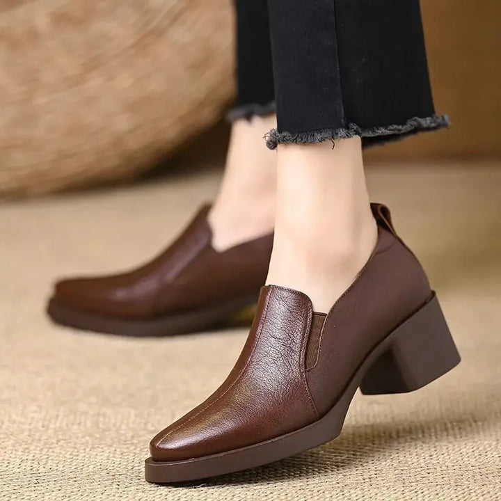 Damen Spitze Leder Loafer Mit Blockabsatz – Freizeit Schuhe