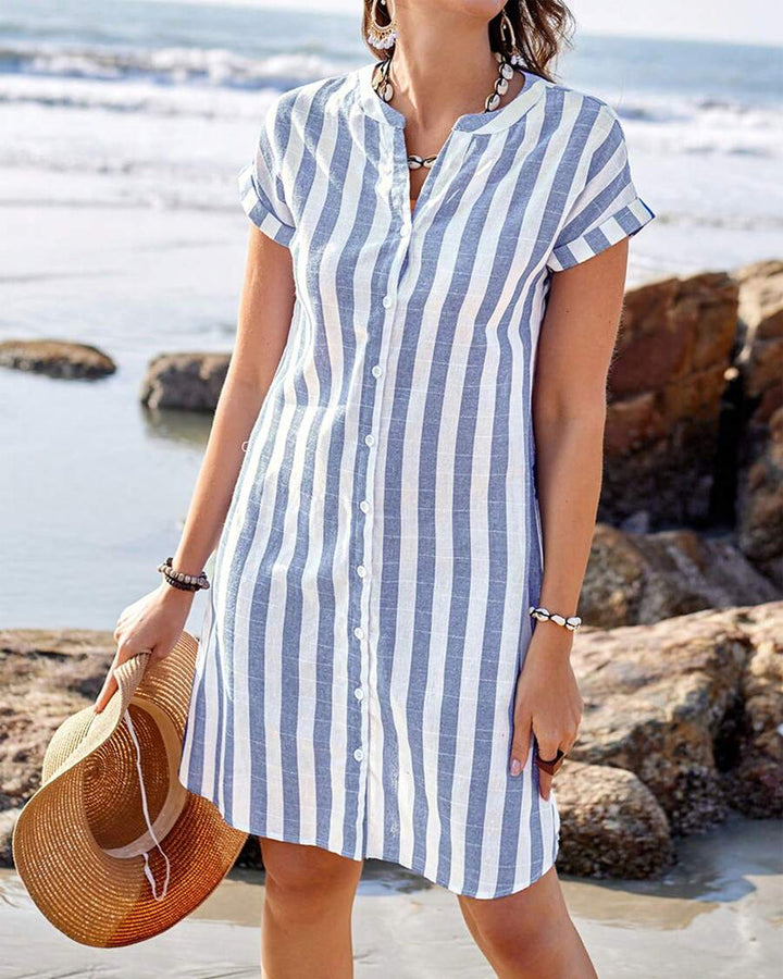 Damen Gestreiftes Kurzarm Hemdkleid