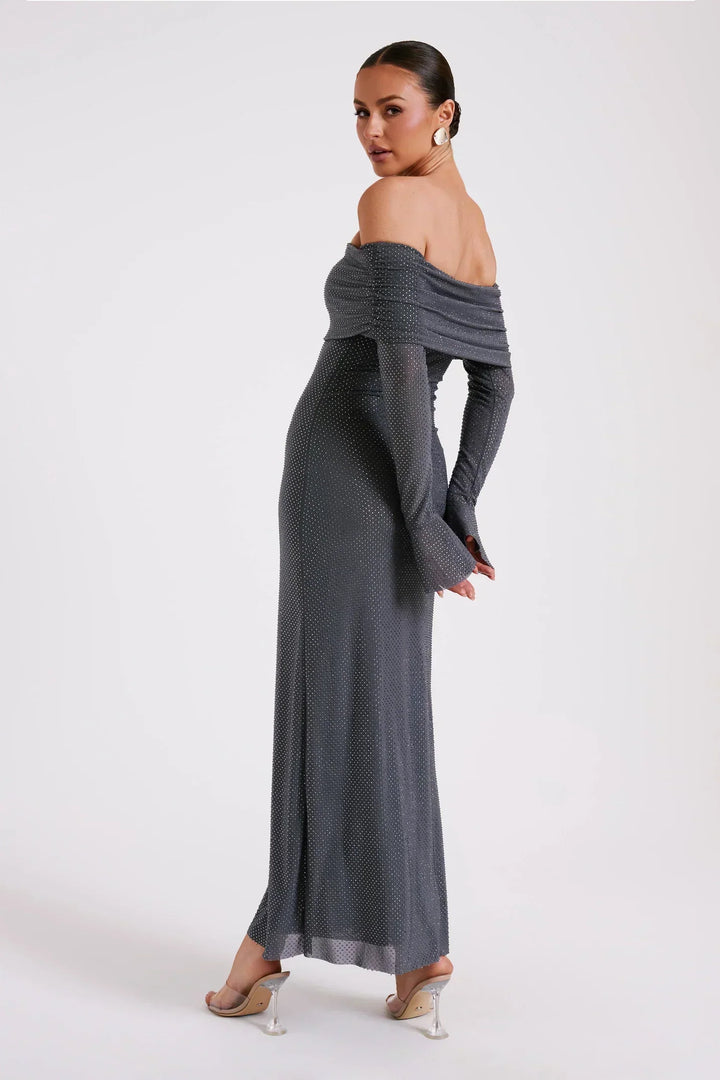 Damen Pailletten Schulterfreies Langes Kleid