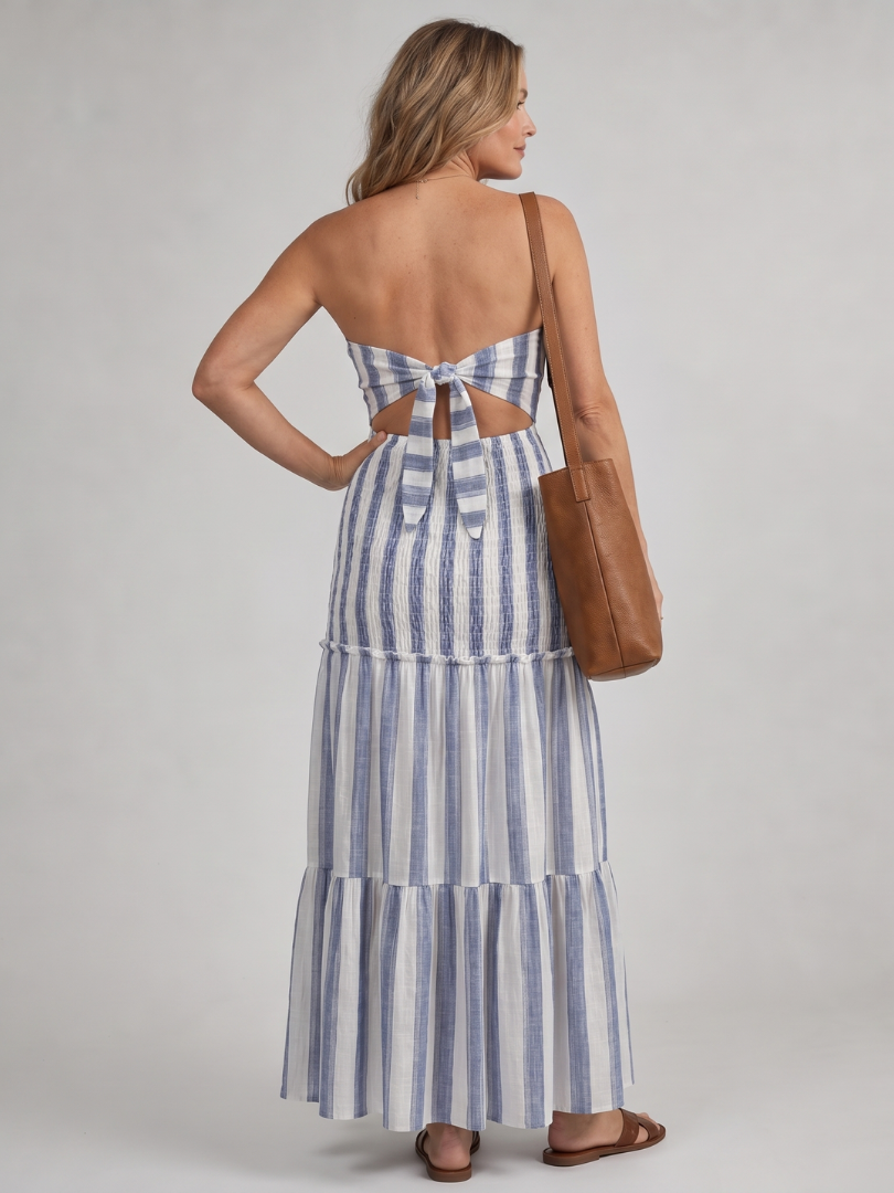 Azaria | Schulterfreies Midikleid mit gestuftem Streifenrock