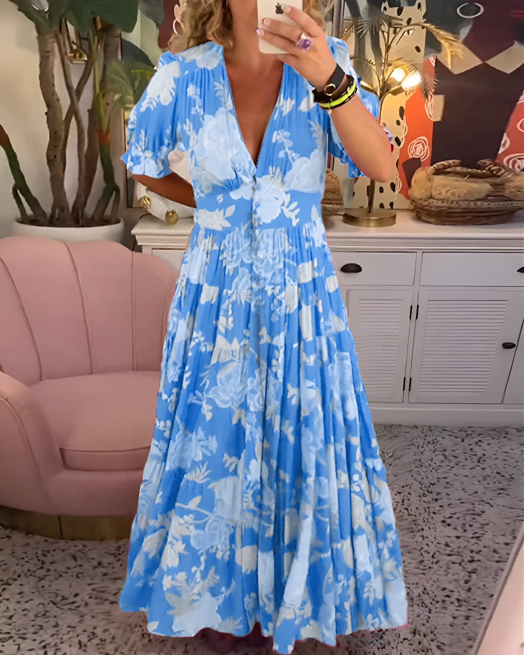 Damen Sommerkleid mit V-Ausschnitt und Blumenmuster