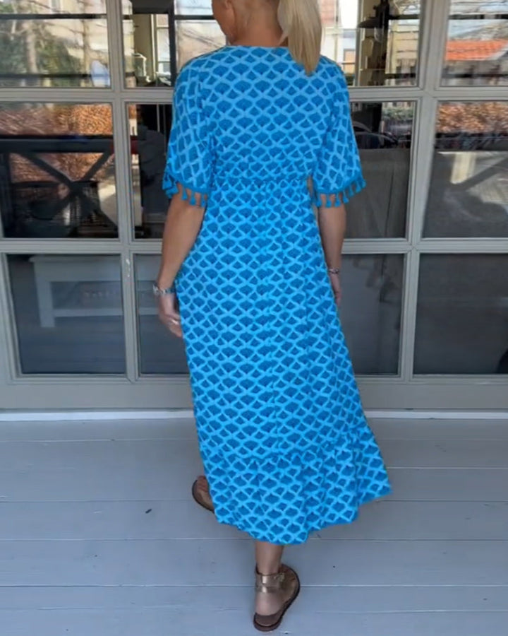 Damen Blaues Geblümtes Weit Schwingendes Kleid