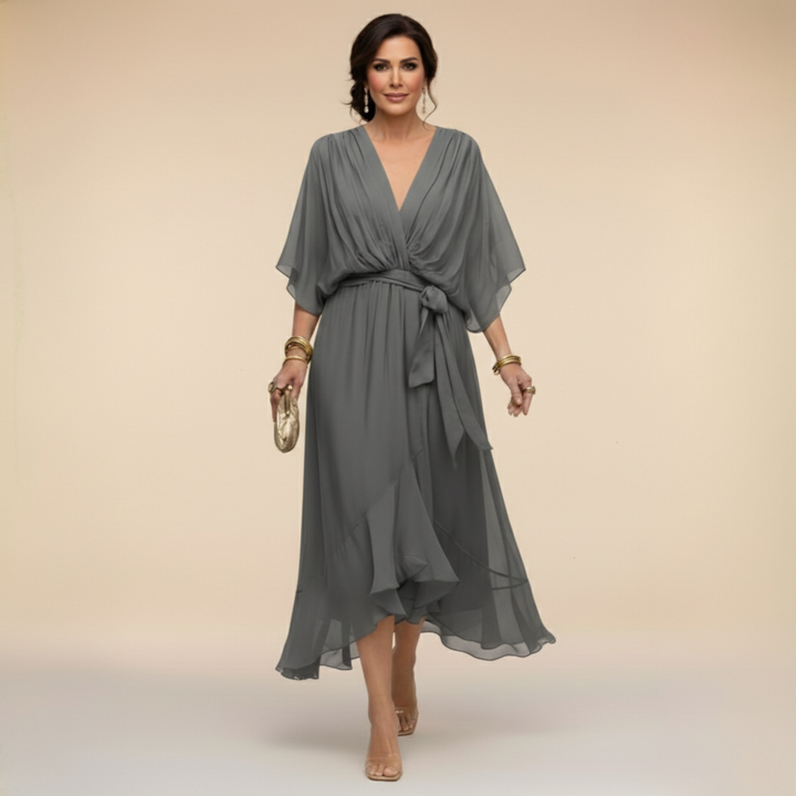 Elegantes, ausgestelltes Chiffon-Midikleid mit V-Ausschnitt und Gürtel für Damen – Perfektes Kleid für Hochzeitsgäste