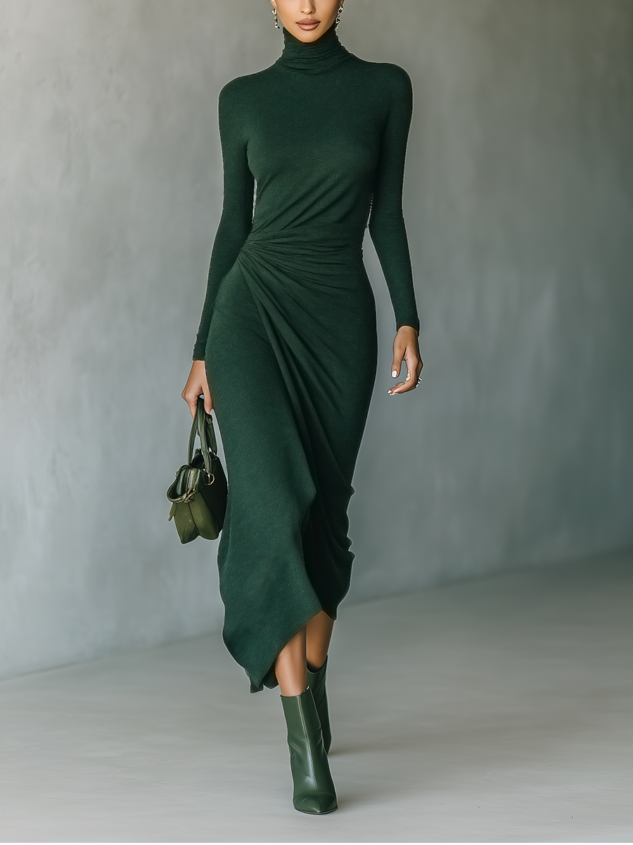 Dunkelgrünes Strick-Midikleid in Wickeloptik