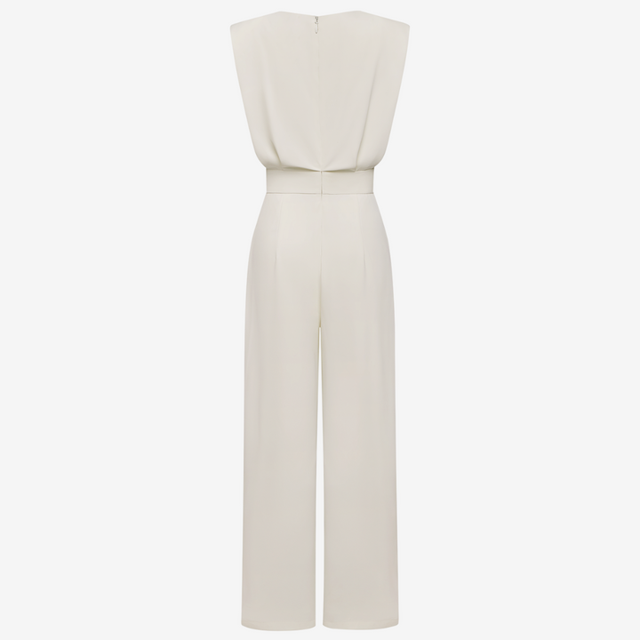 Ärmelloser Damen-Jumpsuit mit hohem Kragen und Gürtel – Elegante Abendgarderobe