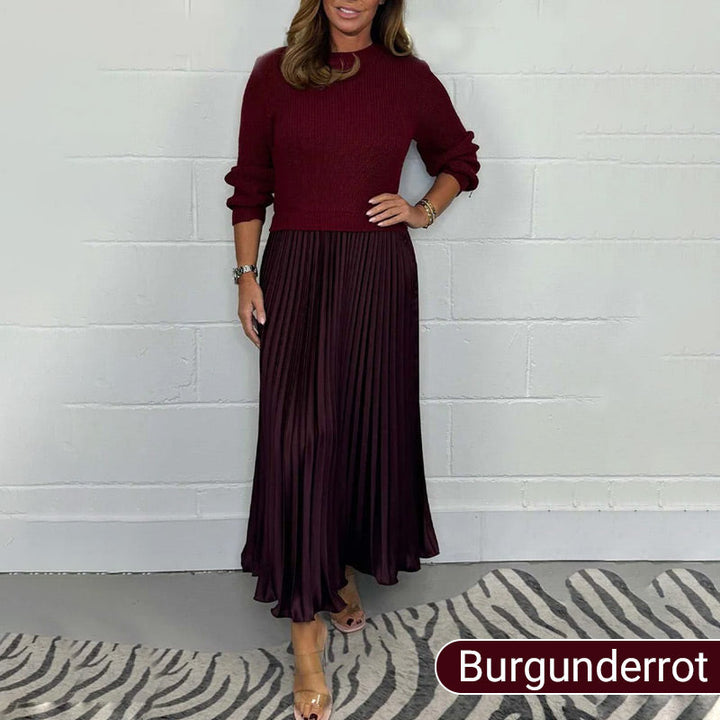 Damen Rundhals Plissiertes Kleid