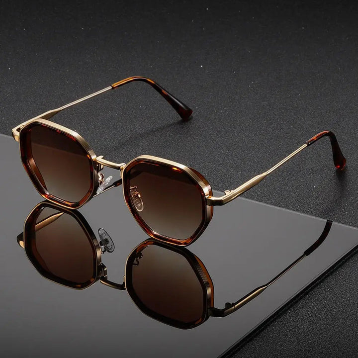 Vintage Stil Polygonale Metall Sonnenbrille Mit Braunen Gläsern – Retro