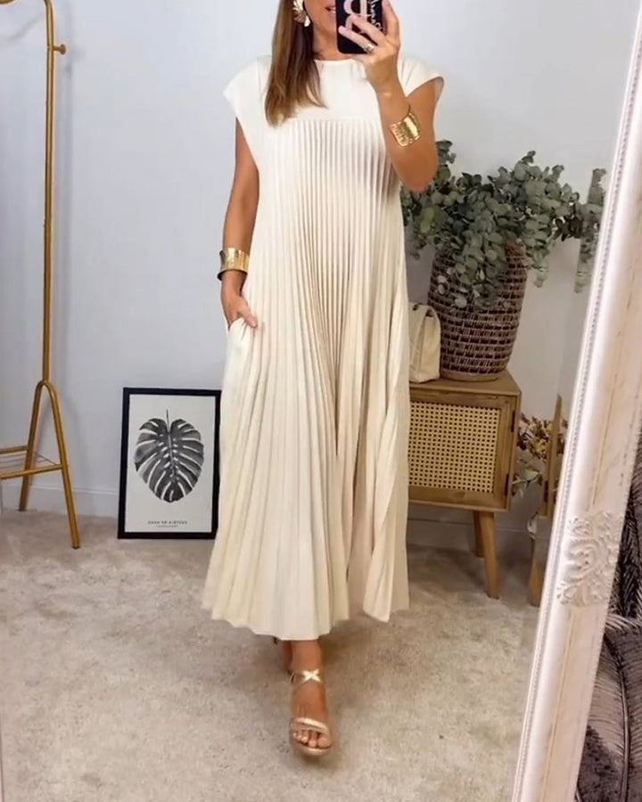 Damen Kurzarm Plissiertes Maxikleid