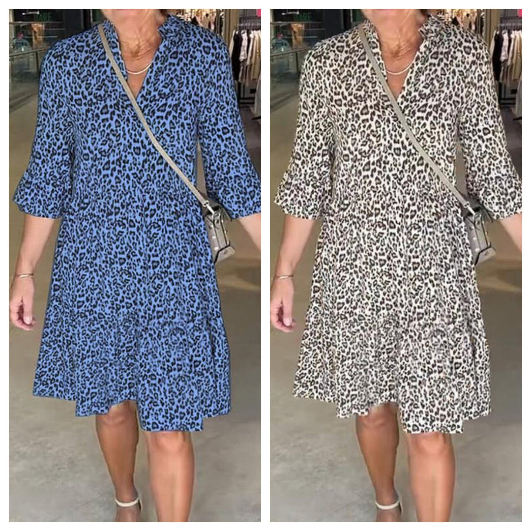 Damen-Trendkleid mit Leopardenmuster, V-Ausschnitt und lockerer Passform