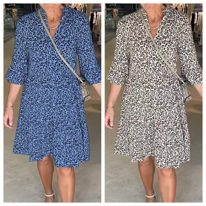 Damen-Trendkleid mit Leopardenmuster, V-Ausschnitt und lockerer Passform