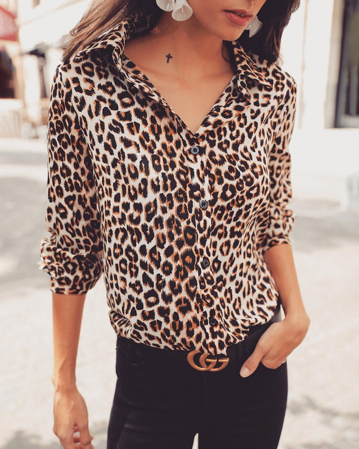 Damen Leopardenmuster Bluse – Langarm Knopfleiste Stilvolles Top