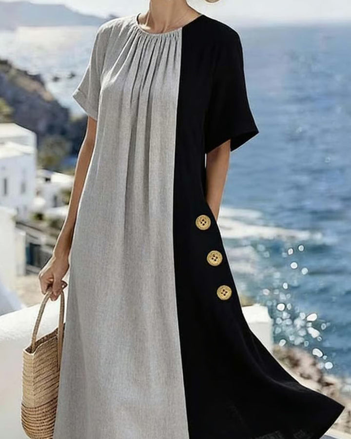 Lässiges Langes Kleid mit Rundhals und Kontrast-Detail