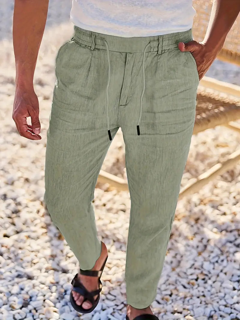 Herren Weit Geschnittene Leinenhose – Freizeit Sommerhose Mit Kordelzug