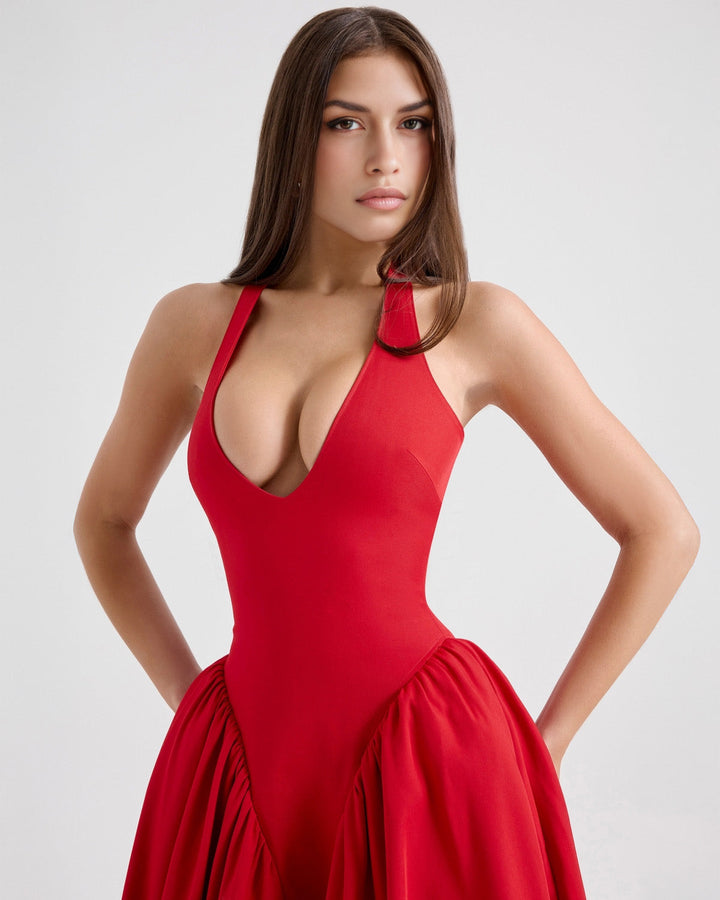 Ärmelloses, elegantes, figurbetontes Tüllkleid im Korsett-Stil mit V-Ausschnitt