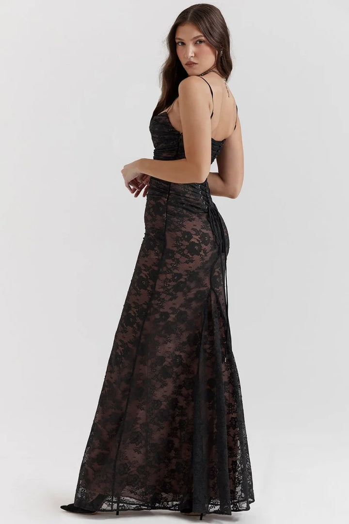Set aus figurbetontem Maxikleid aus Spitze für Damen – Langärmlige, kurze Jacke