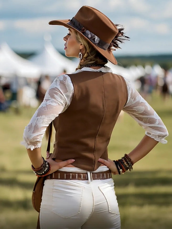Damen-Westernbluse aus Wildleder mit Spitzenärmeln – Braune Cowgirl-Bluse