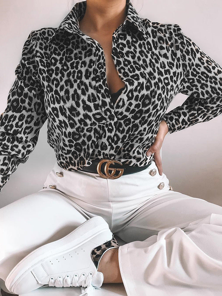 Damen Leopardenmuster Bluse – Langarm Knopfleiste Stilvolles Top