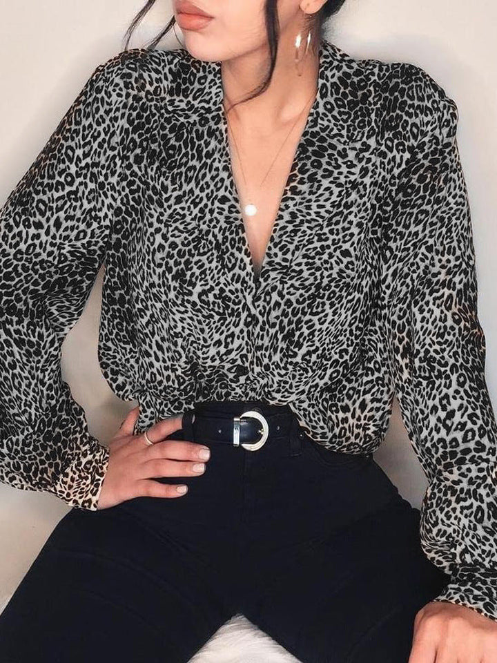 Damen Leopardenmuster Bluse – Langarm Knopfleiste Stilvolles Top