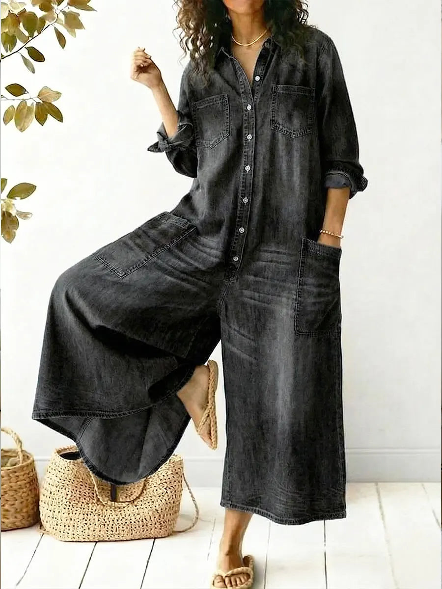 Damen Lässiger Weit Geschnittener Denim Jumpsuit – Bequeme Passform Outfit