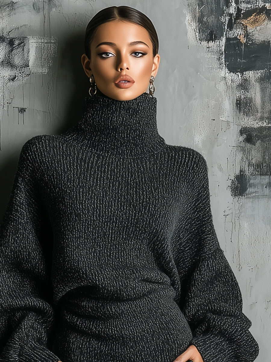 Oversized Strick-Midikleid mit Rollkragen in Anthrazit