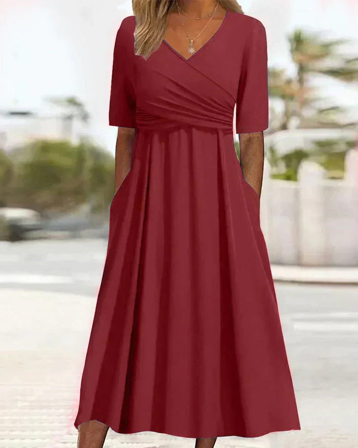 Damen V Ausschnitt Kurzarm Midi Kleid
