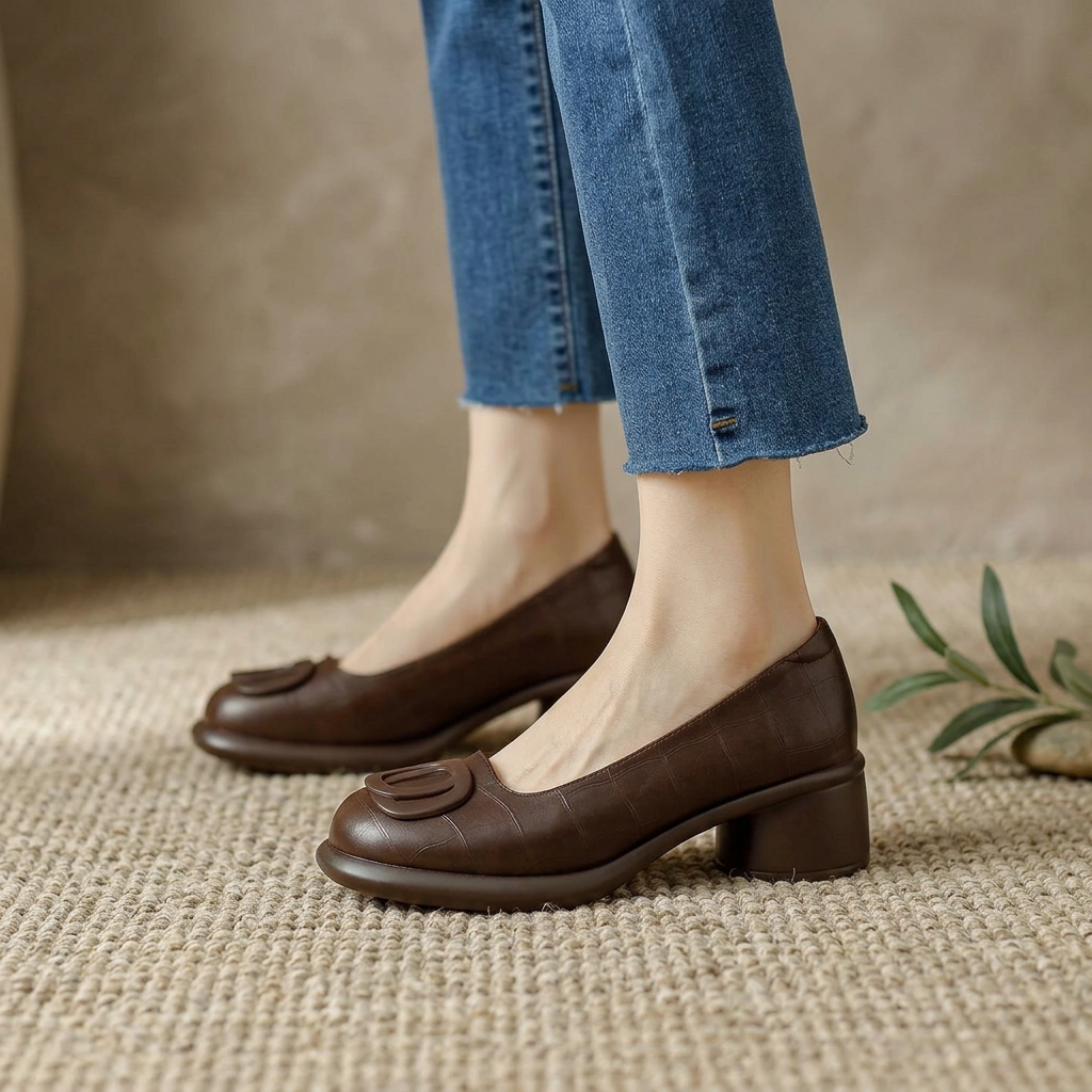 Damen Braune Geschlossene Lederschuhe Mit Blockabsätzen – Stilvolles Bequemes Schuhwerk