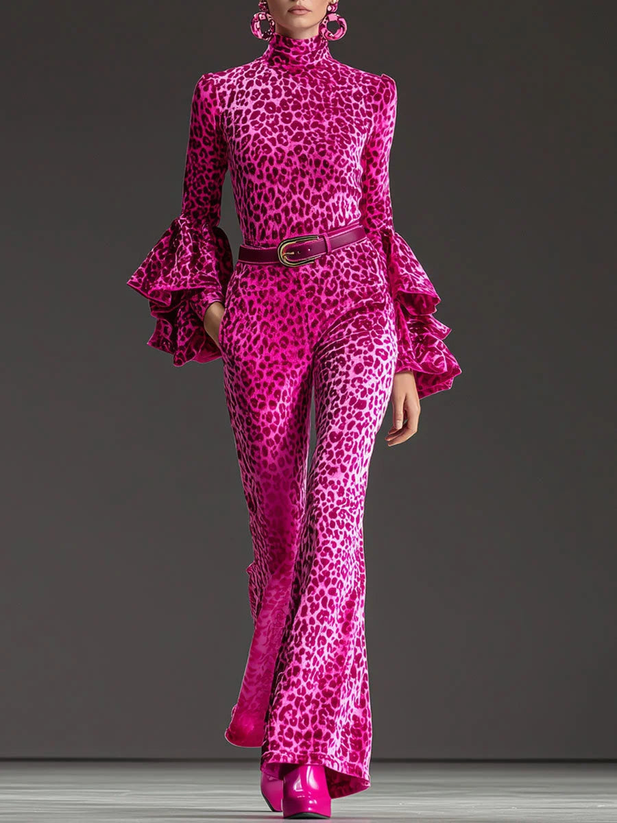 Damen-Set: Rosa Leopardenmuster-Top mit Rüschen und Schlaghose – Retro-Outfit