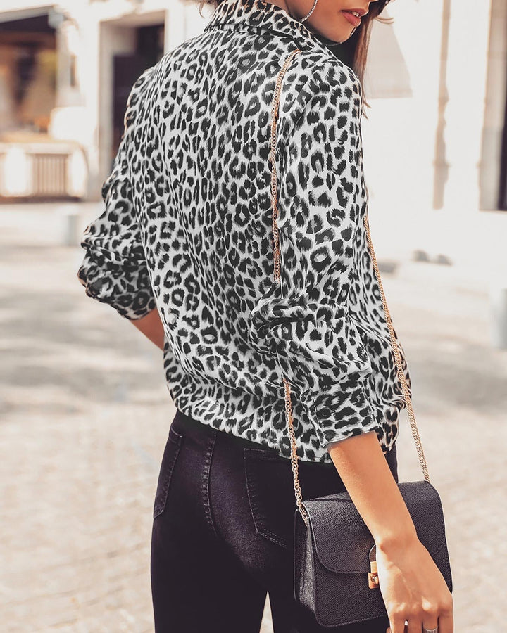 Damen Leopardenmuster Bluse – Langarm Knopfleiste Stilvolles Top