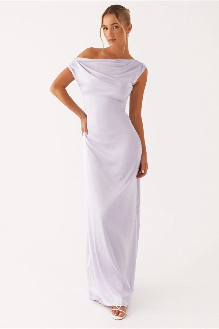 Damen Einfarbiges Maxikleid Mit Asymmetrischem Ausschnitt – Abendkleid