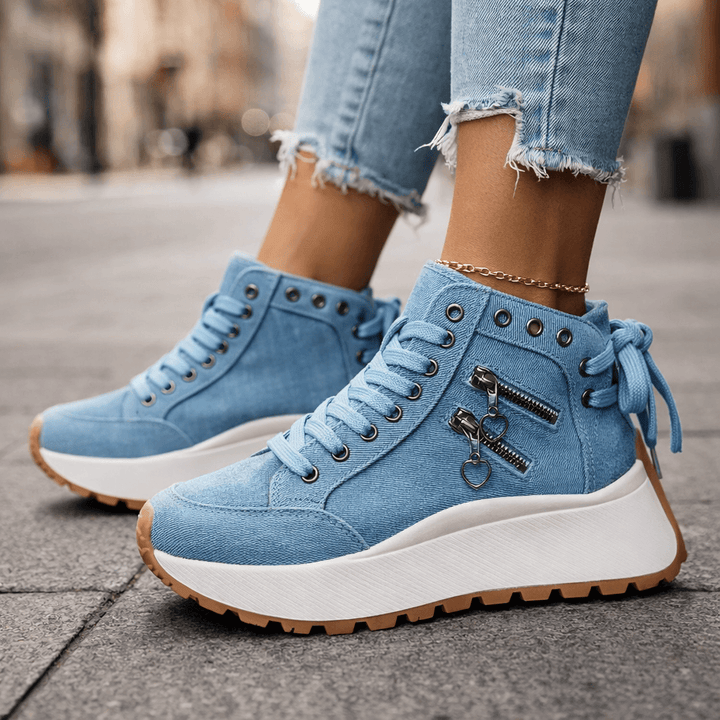 Damen Chunky Denim Sneaker Mit Schnürung Im Street Style