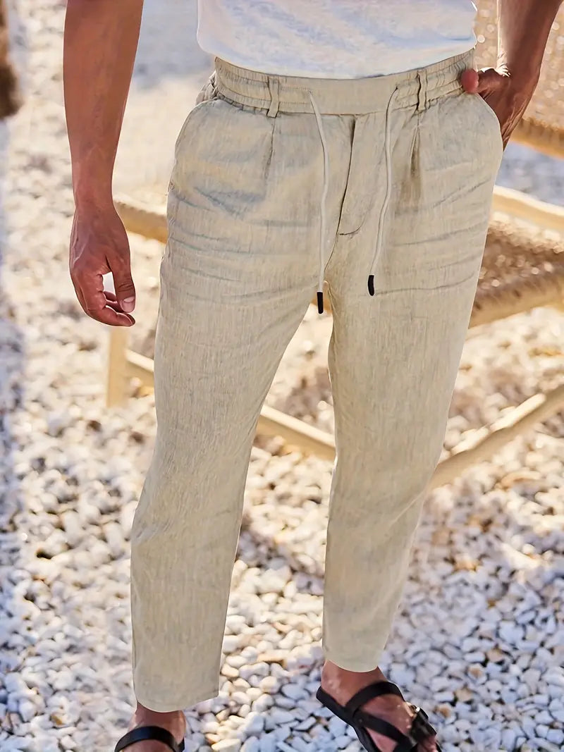 Herren Weit Geschnittene Leinenhose – Freizeit Sommerhose Mit Kordelzug