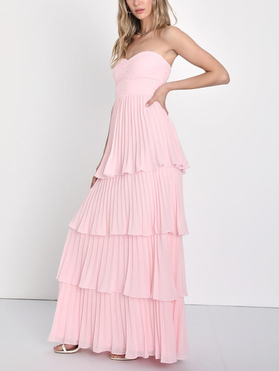 Damen Trägerloses Gerafftes Gestuftes Maxi Anlasskleid – Elegantes Abendkleid