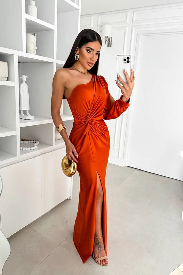 Damen Ein Schulter Langarm Wickelkleid