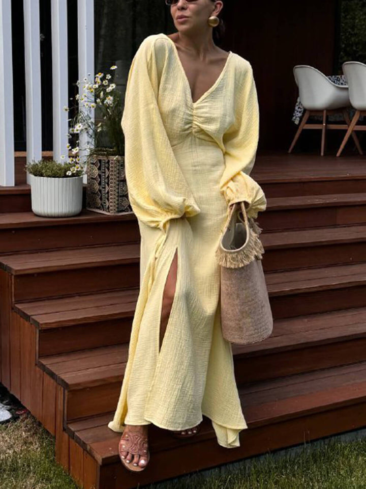 Damen Plissiertes Kleid Mit Schlitz Und Laternenärmeln – Elegantes Maxikleid
