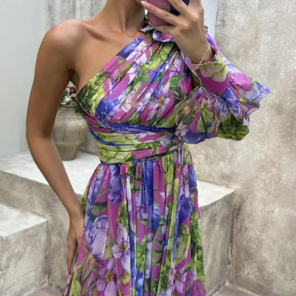 Damen Eine Schulter Plissiertes Blumen Kleid