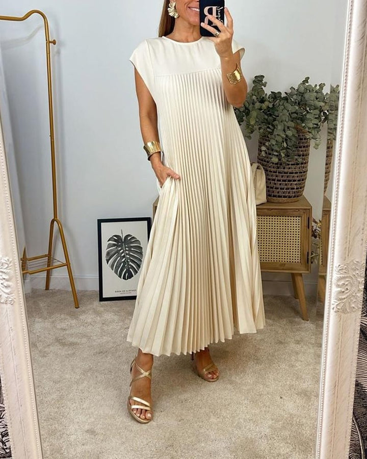 Damen Kurzarm Plissiertes Maxikleid