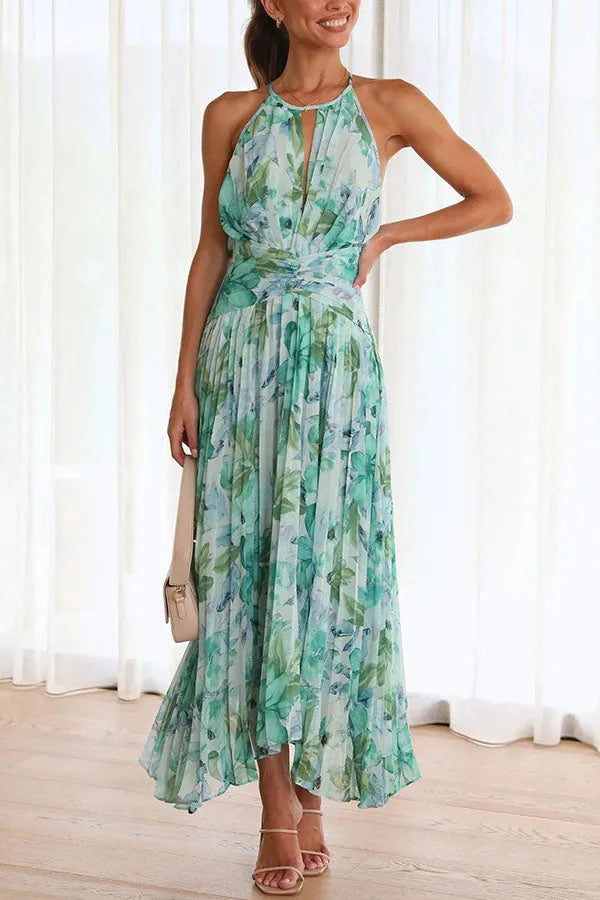 Damen Blumen Chiffon Neckholder Kleid