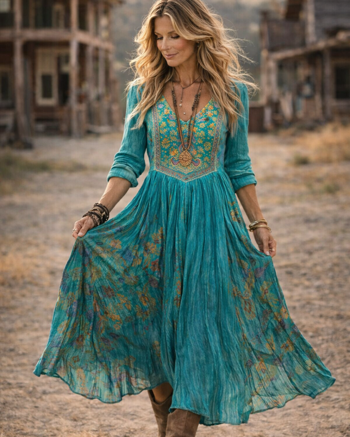 Damen Boho Blumen Langarm Kleid – Vintage Print Maxikleid