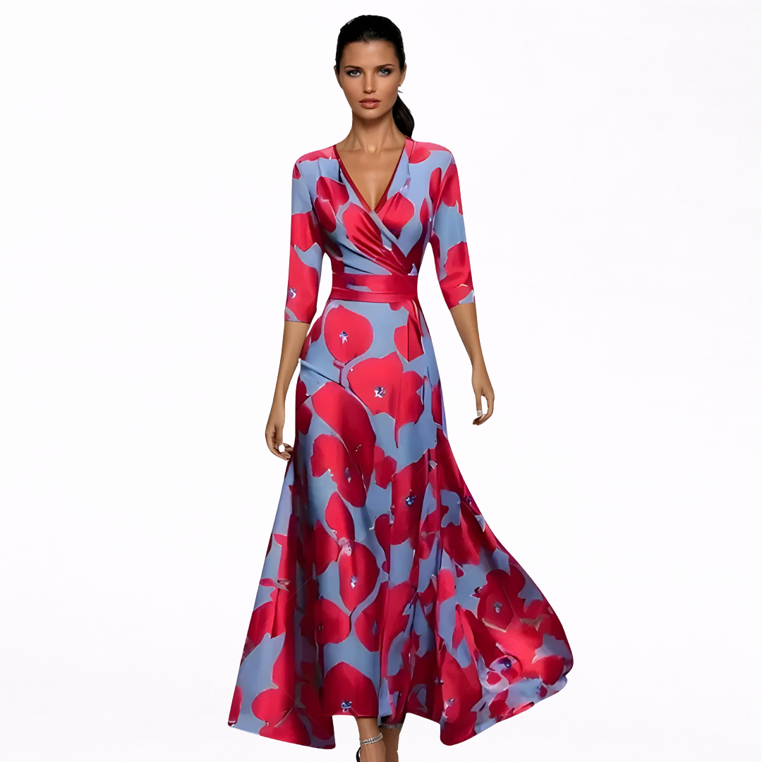 Damen V-Ausschnitt Langarm Blumen Maxi Kleid - Wickel Eleganter Stil