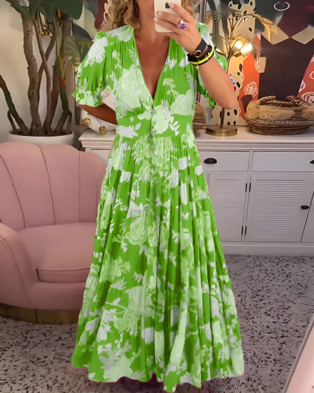 Damen Sommerkleid mit V-Ausschnitt und Blumenmuster