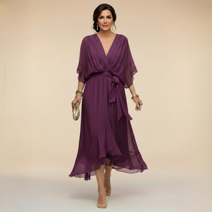 Elegantes, ausgestelltes Chiffon-Midikleid mit V-Ausschnitt und Gürtel für Damen – Perfektes Kleid für Hochzeitsgäste