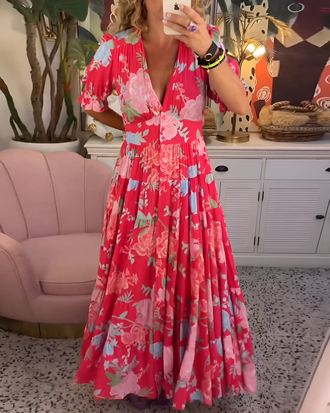 Damen Sommerkleid mit V-Ausschnitt und Blumenmuster