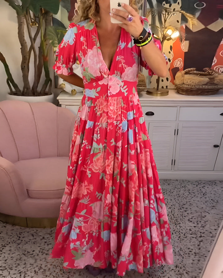 Damen Sommerkleid mit V-Ausschnitt und Blumenmuster