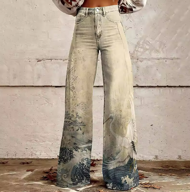 Damen stilvolle Ozean Wellen Boho Denim Hose