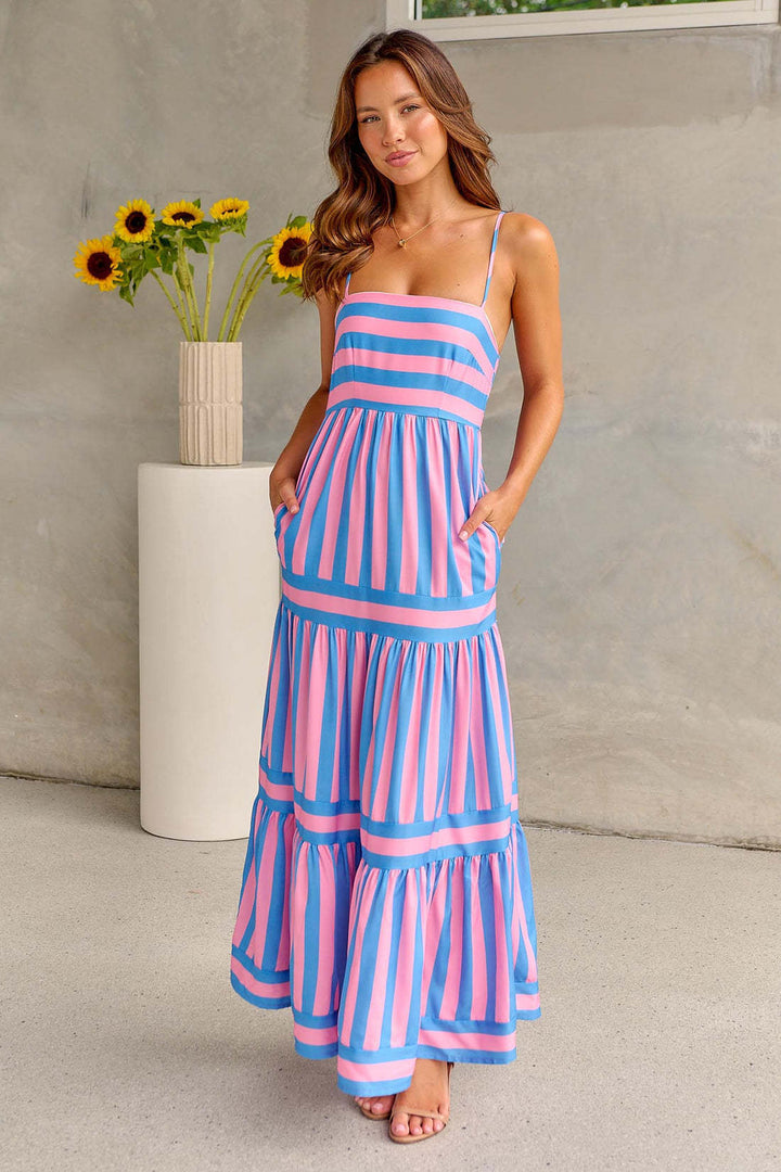 Damen Langes Kleid Mit Spaghettiträgern Und Streifenmuster