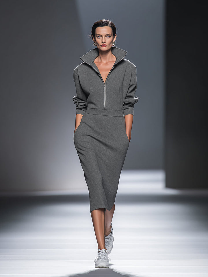 Lässiges Midikleid mit Half-Zip aus Baumwoll-Mix