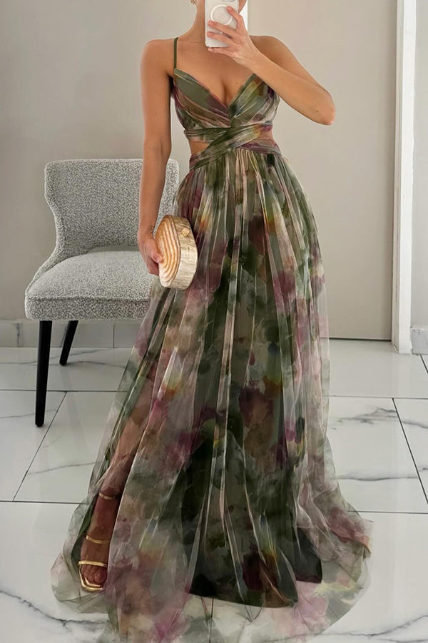 Damen Florales Fließendes Maxikleid – Ärmelloses Elegantes Hochzeitsgast Kleid